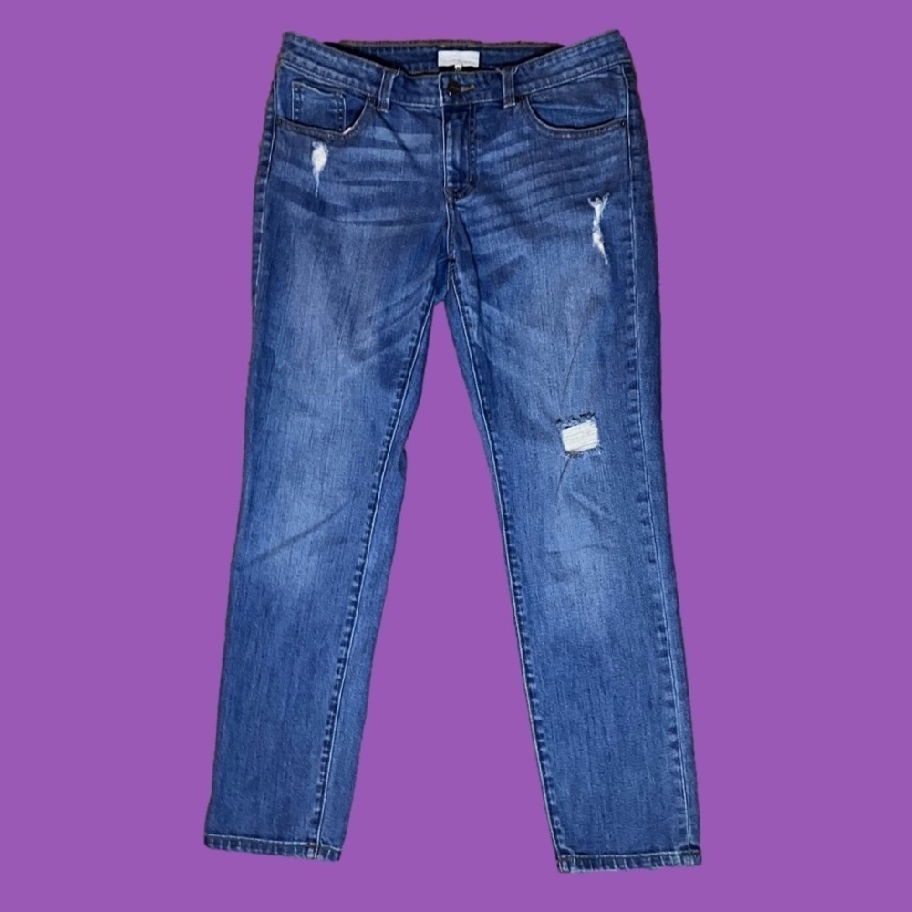 Halogen Distressed Straight-Leg Jeans in Medium Blue